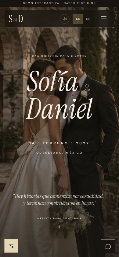 Vista de la invitación demo de Sofía y Daniel en un teléfono